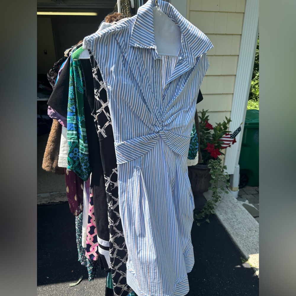 BCBGMaxAzria Blue and White Striped Twist-Front Midi Dress